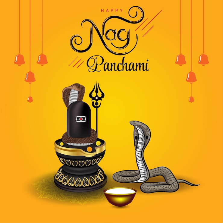 Vector happy nag panchami festival greeting with calligraphy, snake and shiv ling
