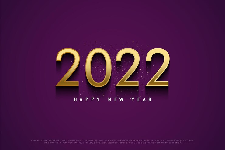 Happy new year 2022 on purple background with gold colored numbers