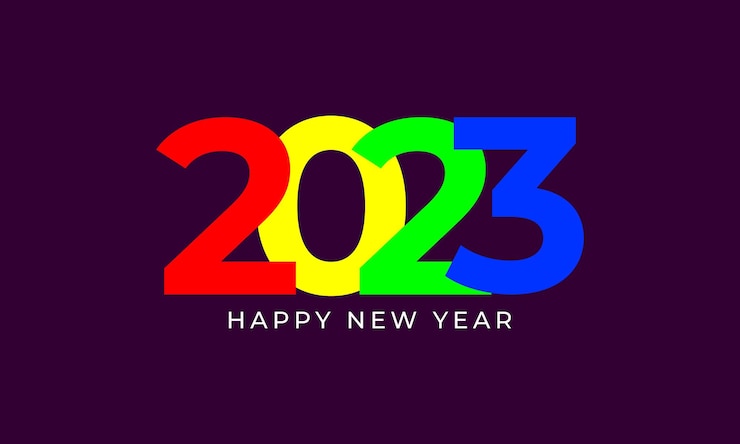 Vector happy new year 2023. colorful greeting card design template on dark background