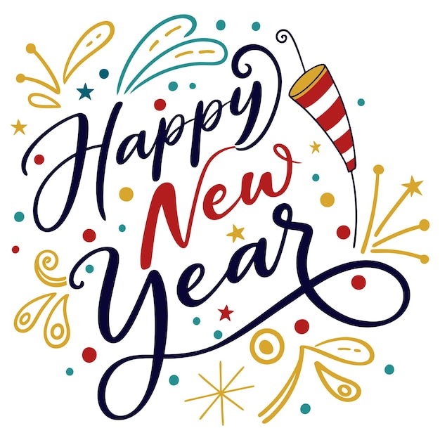 happy new year handwritten lettering inscription with swirls typography greeting card vintage design