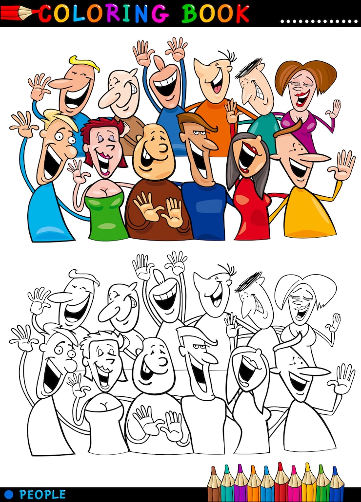 Vector happy people group for coloring