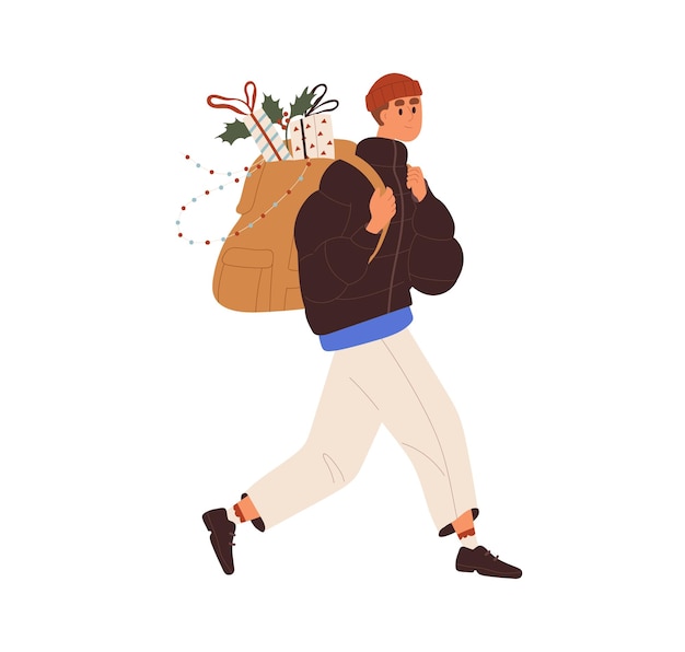 Happy person going with Christmas purchases in backpack outdoors Man carrying gift boxes presents Xmas decoration for winter holidays Flat vector illustration isolated on white background