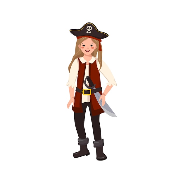 Happy pirate girl with saber and cocked hat joyful kid in carnival costume waving sword festive clot...