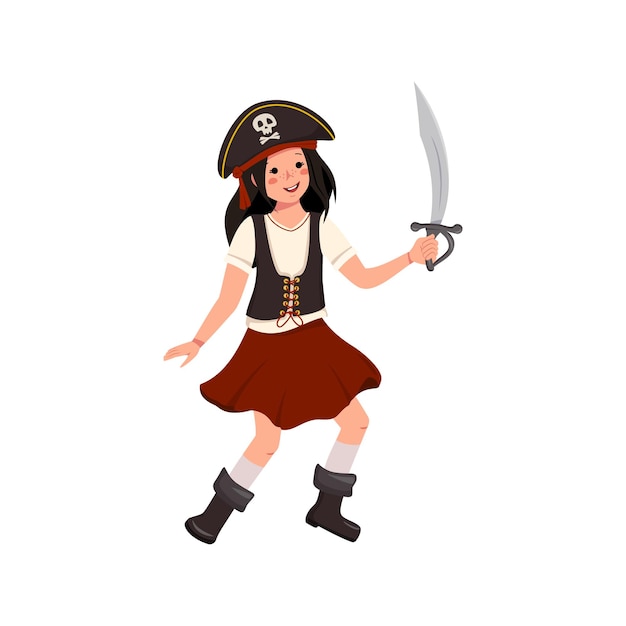 Happy pirate girl with saber and cocked hat Joyful kid in carnival costume waving sword