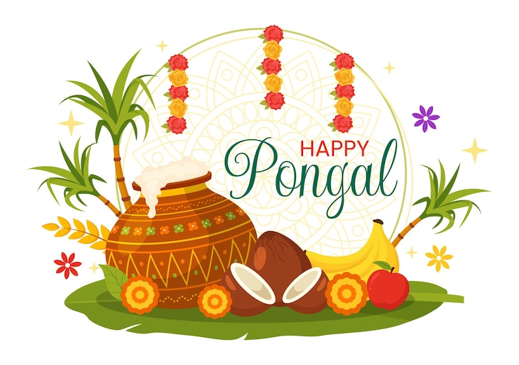 Vector happy pongal vector illustration of traditional tamil nadu india festival celebration with sugarcane