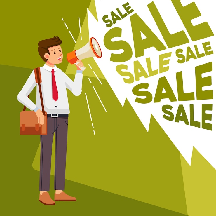 Vector happy salesman holding megaphone shouting loud calls customers announcing sale promotion advertising concept