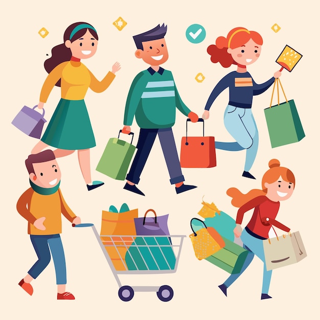 Happy Shoppers Carrying Bags Cart Full of Items