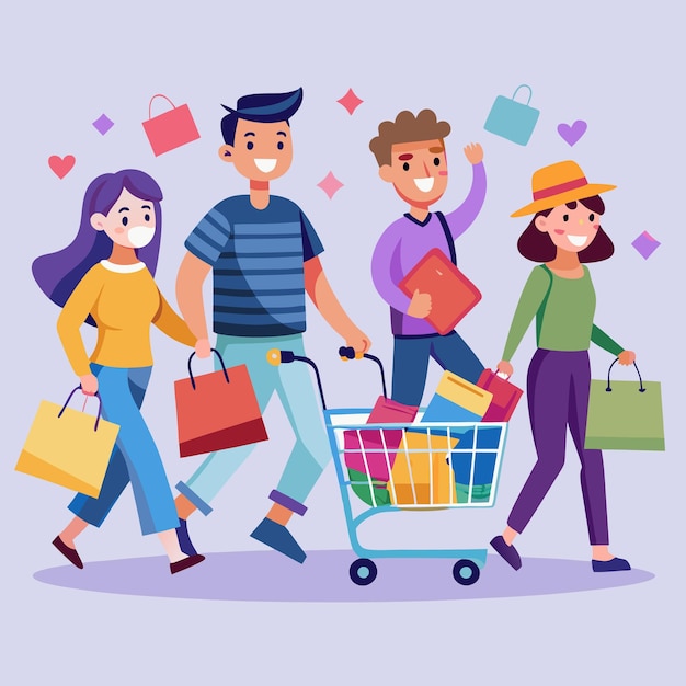 Happy Shoppers Enjoying a Shopping Spree with Cart Full of Goods