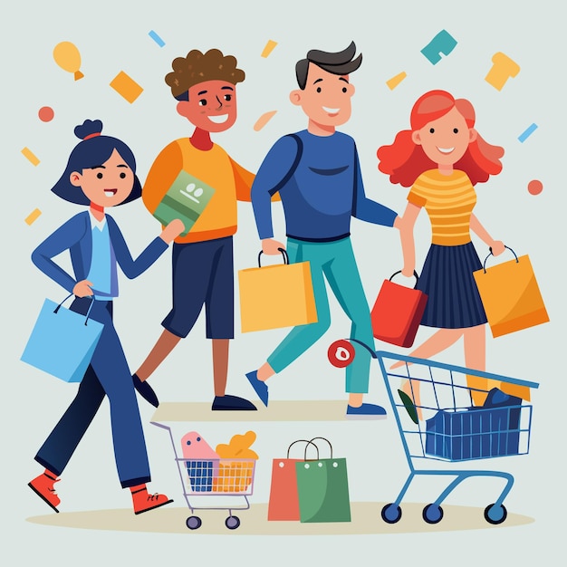 Happy Shoppers Enjoying Retail Therapy with Bags and Cart