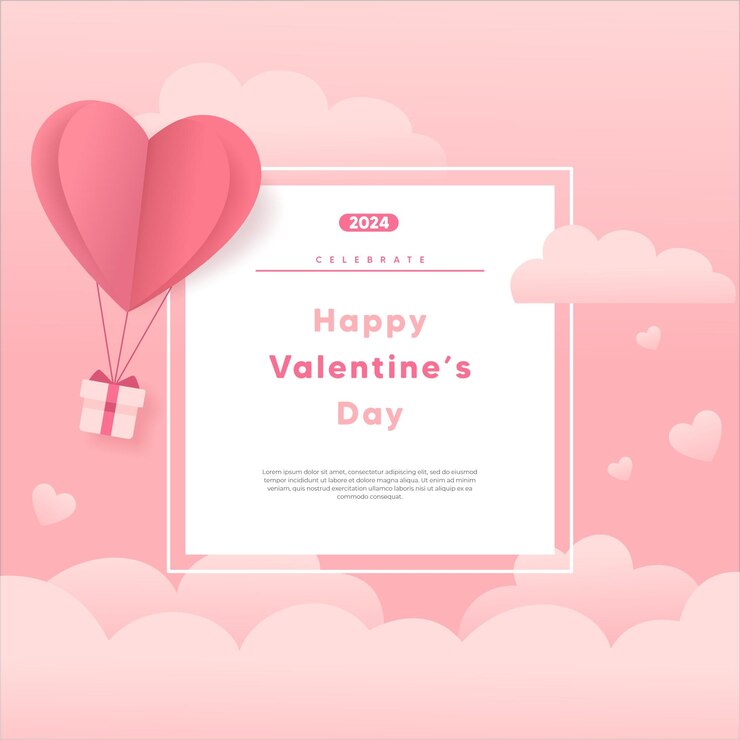 Happy valentines day greeting card concept pink clouds floating heart and gift