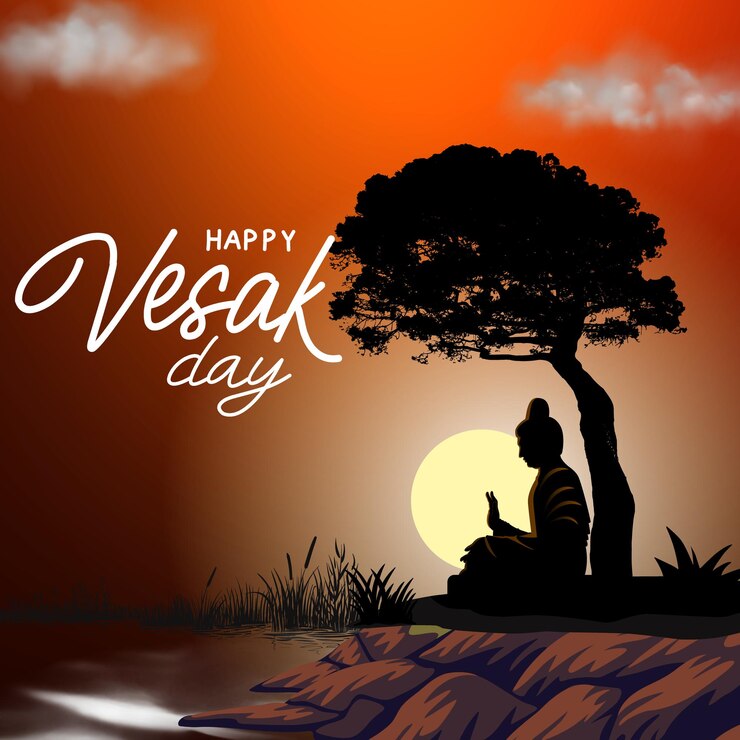 Vector happy vesak day buddha in meditation at sunset