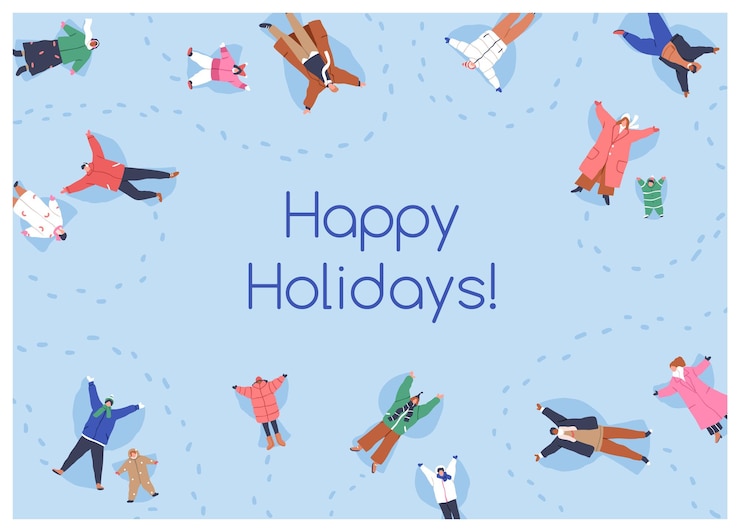 Vector happy winter holiday greeting card background people children making snow angels on wintertime vacations outdoor fun in snowy cold weather christmas mood postcard flat vector illustration