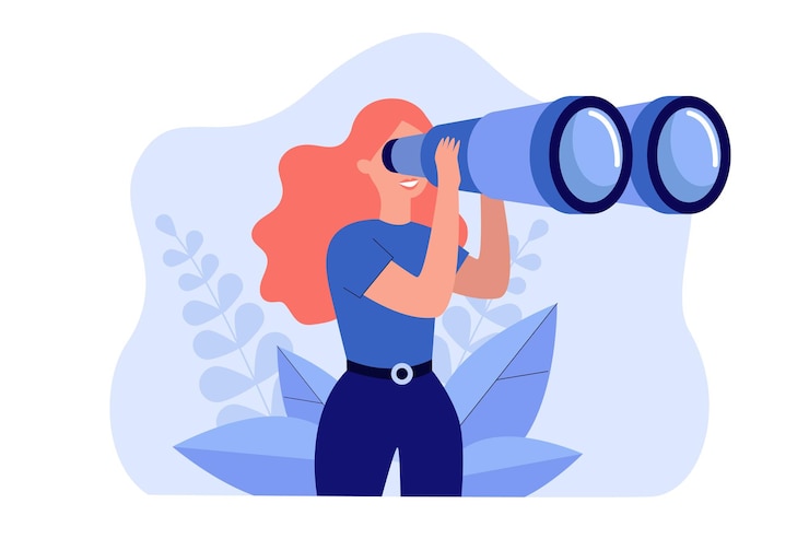 Vector happy woman holding huge tourists binocular and looking far ahead