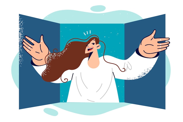 Vector happy woman looks out window in greeting spreading arms to sides and greeting guests or neighbors