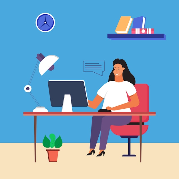 Happy woman sitting at the table at home with laptop Work from home Freelance