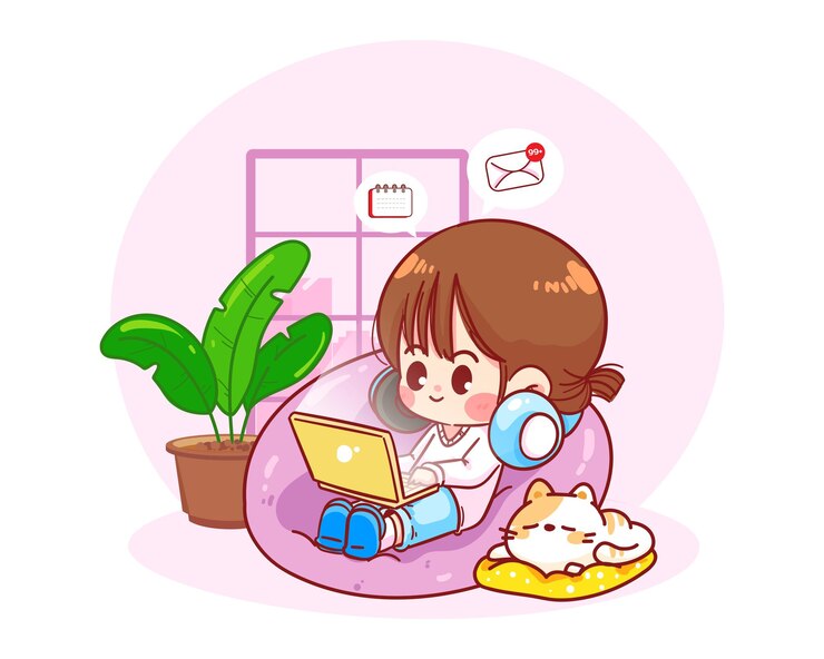 Vector happy woman sitting with laptop on bean bag chair, work from home character hand drawn cartoon art illustration
