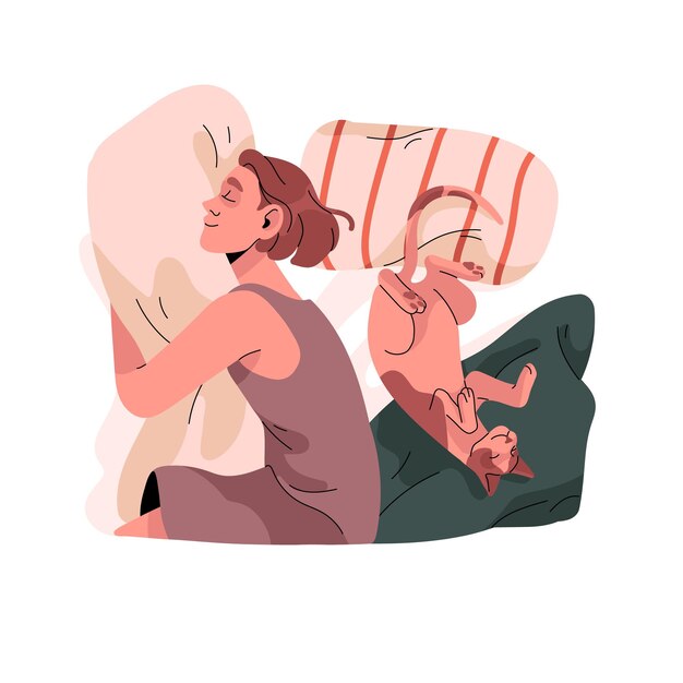 happy woman sleeps with cat. asleep person hug pillow, cute sphynx nap, people relax and lying in bed with kitten. girl dream at night, top view. flat isolated vector illustration on white background.