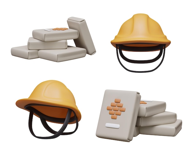 Hard hat bags with cement putty dry adhesive mixture Set of vector 3D elements