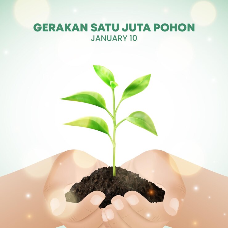 Vector hari gerakan satu juta pohon or one million trees movement background with hand holding a plant with sparkle