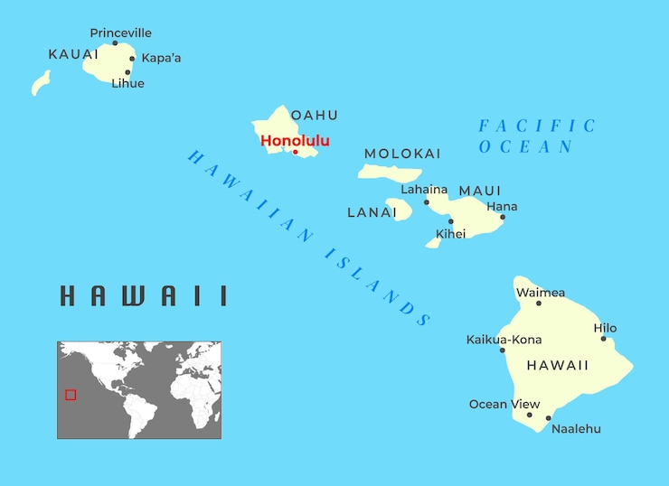 Vector hawaii islands political map and capital honolulu with most important cities
