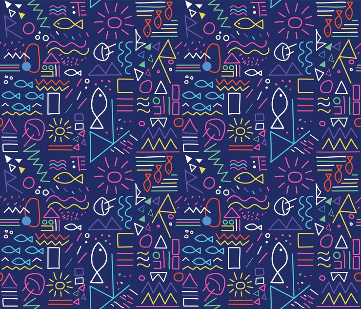 Hawaiian seamless ornament with fish waves and other geometric shapes editable color vector