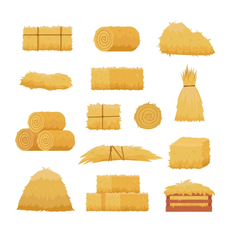 Vector haystack rural yellow natural haystack pallets and rolls vector cartoon pictures set
