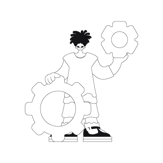 He holds gear shapes in his palms. illustration in linear vector style.