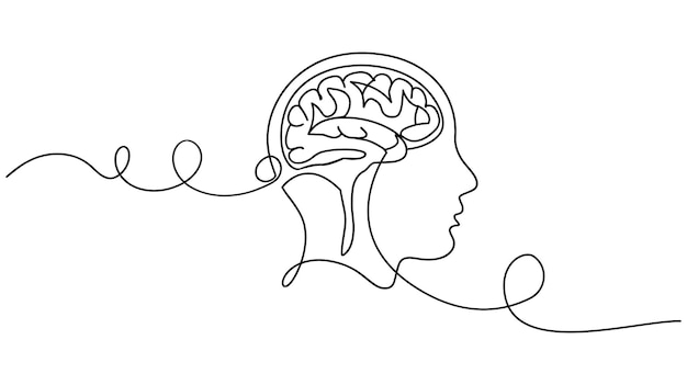 Head with brain continuous one line drawing Mental health concept icon in linear style