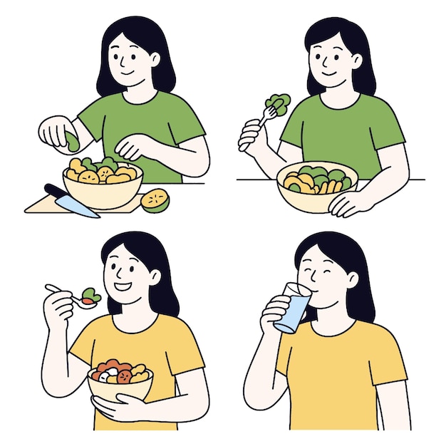 Healthy eating habits are showcased through person enjoying various meals including salads