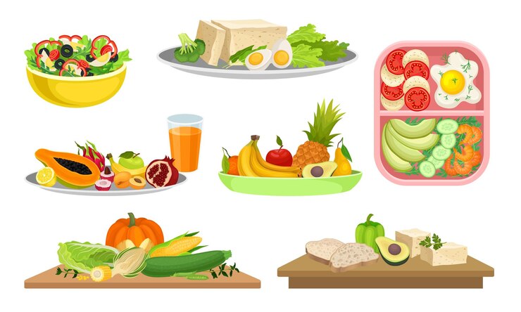 Vector healthy food rested on cutting board and greengroceries served on plates vector set