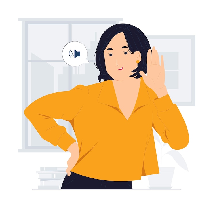 Vector hearing listening curiosity gossip deafness pay attention and woman holding hand near ear concept illustration
