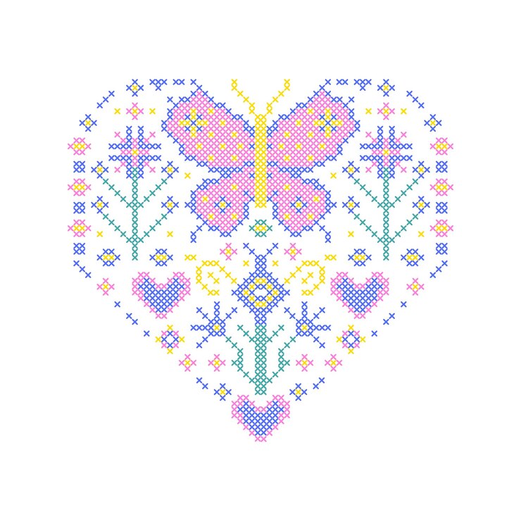 Vector heart with flowers and butterflies in cross stitch style on white background