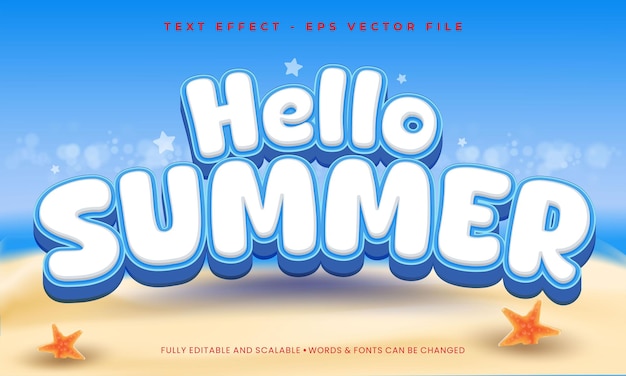 Hello summer 3d style text effect with beach background