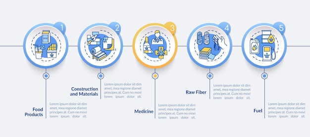 Hemp products vector infographic template. Cannabis for medical use presentation design elements. Data visualization with 5 steps. Process timeline chart. Workflow layout with linear icons