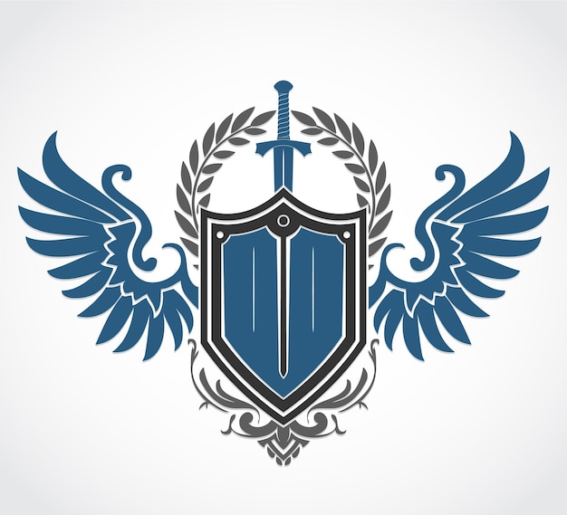 heraldry logo winged shield with sword and laurel wreath simple color ornamental sign