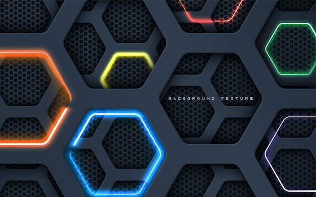 Hexagon hole dimension black background with colorful neon light
