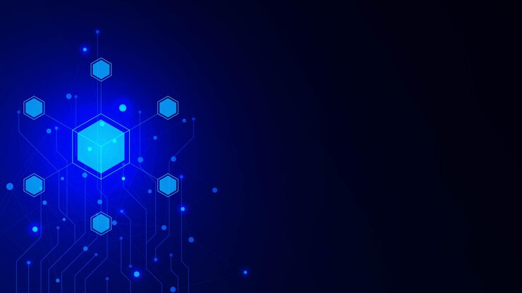 Vector hexagonal interconnections on blue circuit board business and analytics collection on dark blue