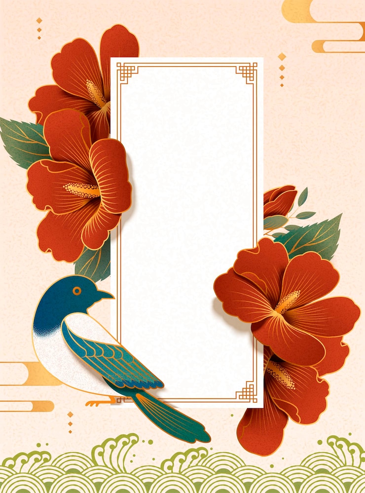 Vector hibiscus dan burung kucica elegan dalam latar belakang seni kertas