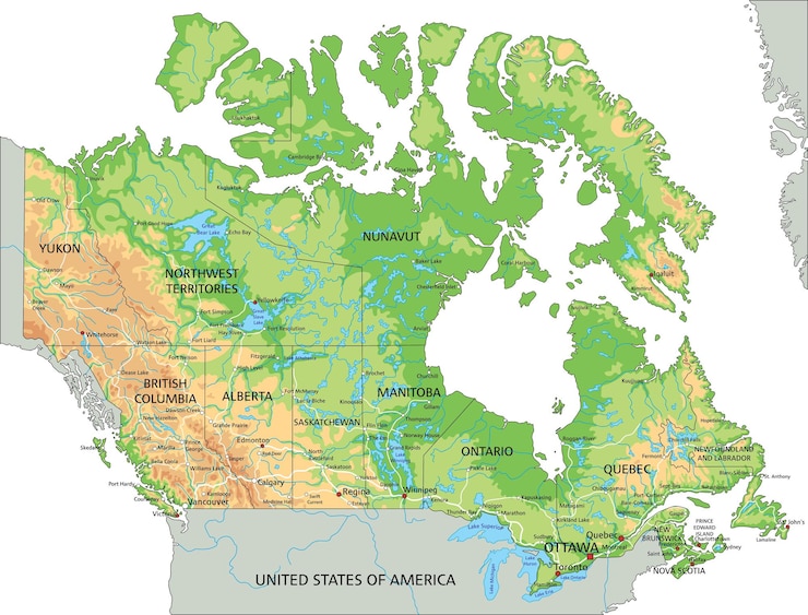Vector high detailed canada physical map with labeling