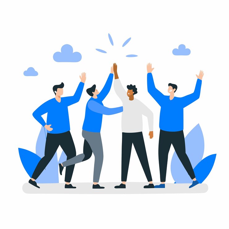 Vector highenergy concept illustration of five people giving high fives