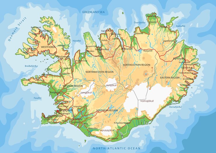 Vector highly detailed iceland physical map with labeling