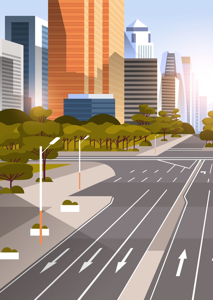 Vector highway asphalt road with marking arrows traffic signs 