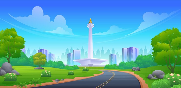 Highway road to Indonesian Monas monument, with green hill, bush and trees and skyscraper buildings