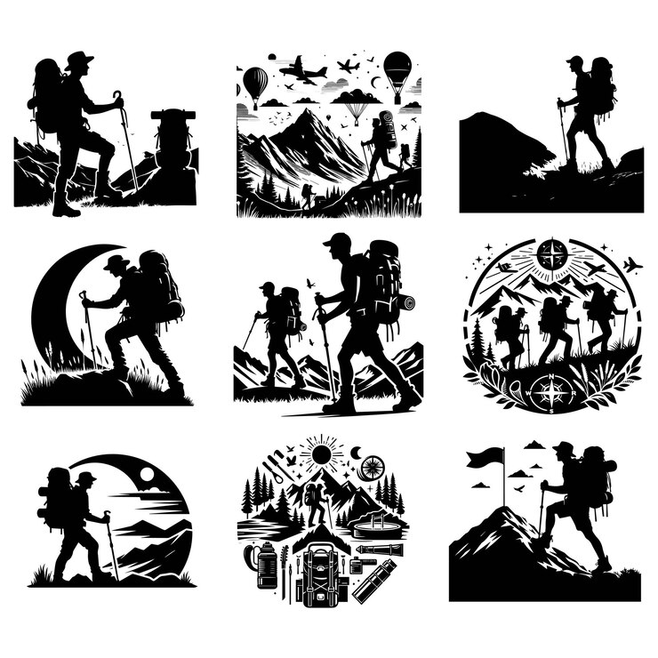 Vector hike man silhouette stock illustration bundle in silhouette adventure lover vector graphic design adventure hike man vector hike silhouette