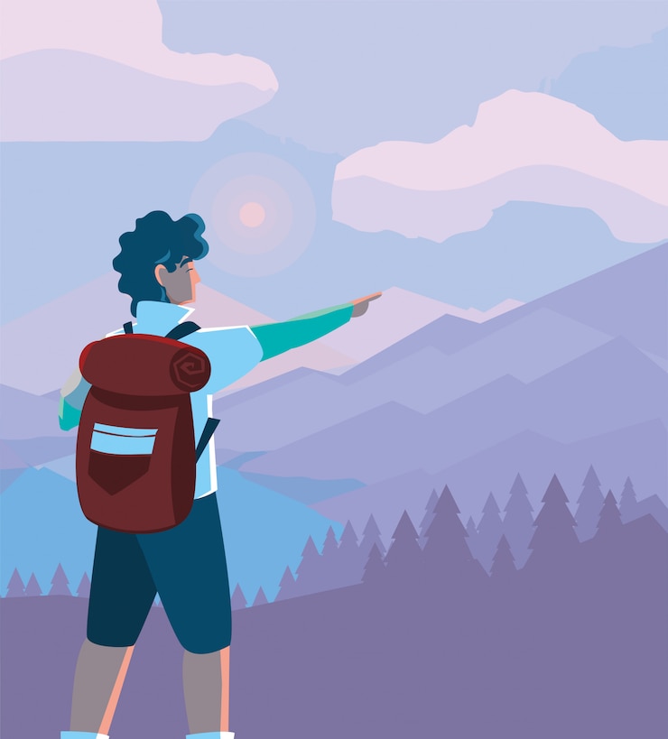 Vector hiker man and landscape with bag