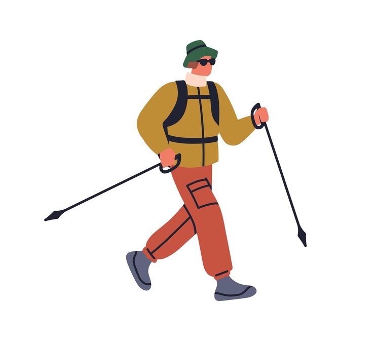 Vector hiker walking with trekking poles sticks and backpack backpacker guy hiking man tourist on travel adventure male character with climbing gear flat vector illustration isolated on white background