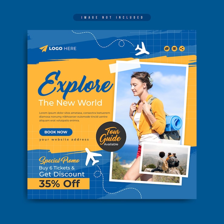 Vector holiday tour and travel business marketing social media post template with brush stroke background