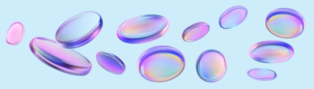Holographic glass circles various colors 3D Flying pink neon holographic podium Vector illustration