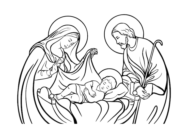 Vector holy family watching over baby jesus in the manger line art