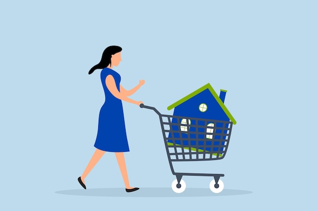 Home buyer happy woman pushing a new house in a shopping cart